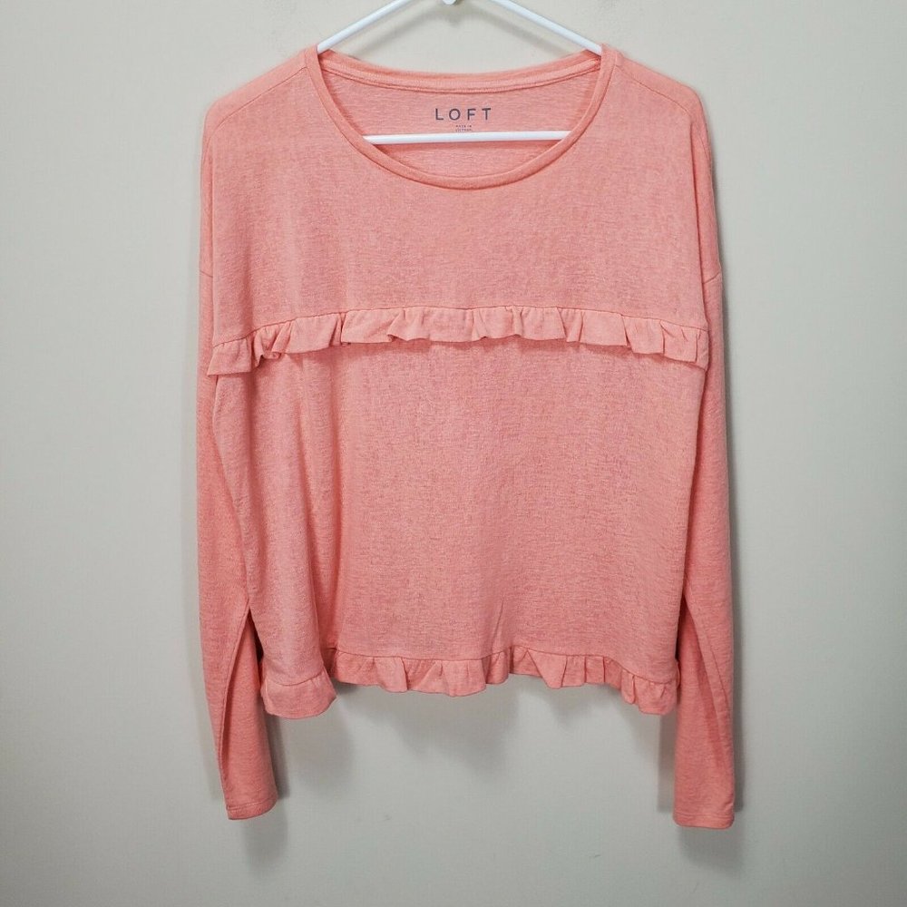 LOFT Cropped Ruffle Front Pullover Top Long‎ Sleeves Peach Coral Color Size L